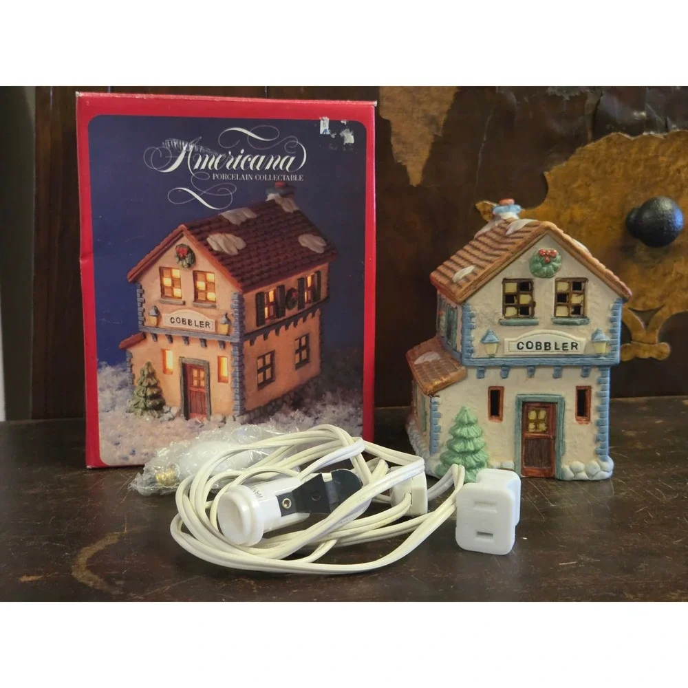 Americana Porcelain Collectible Cobbler Christmas Village House with Light Cord